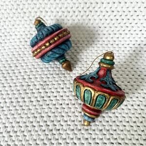 Hand Carved Resin Philippines Vintage Set 2 Finial Top Style Festive Ornaments